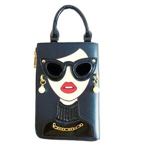 Chic Fashion Girl Wristlet Phone Purse Black Gold Tone Pearl Charm Zip